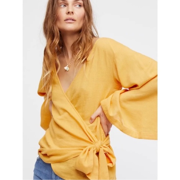 Free People Tops - Free People Beyond The Beach Yellow Flare Sleeve V-Neck Wrap Top Size Small NWOT
